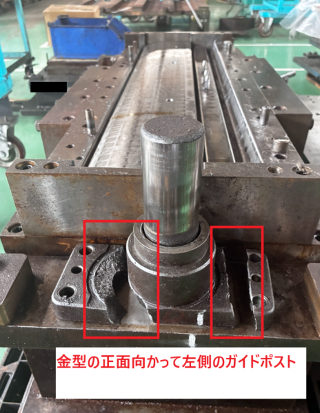 プレス金型の正面から見て左側にあるガイドポストの取付部。周りの鋳物ホルダーが割れて欠けている箇所を赤枠で示している